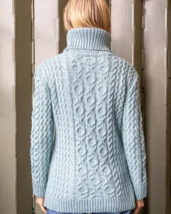 Womens Irish Knitwear|Womens Aran Fisherman Sweaters*Sweater Shop Aran Cowl Neck Merino Wool Aqua