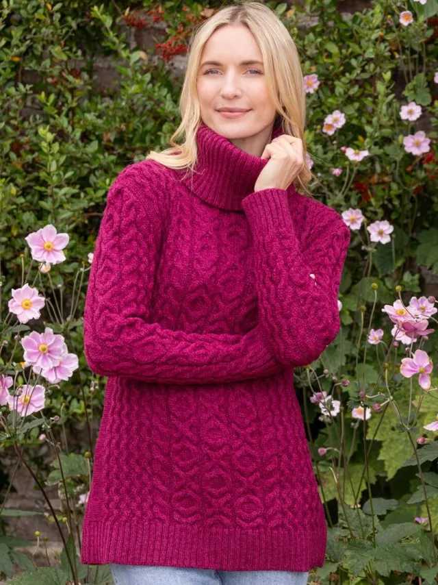 Womens Irish Knitwear*Sweater Shop Aran Cowl Neck Merino Wool Raspberry