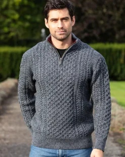 Mens Knitwear|Mens Fisherman Sweaters*Sweater Shop Aran Half Zip Sweater - 2507 Slate with wine collar