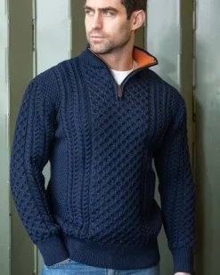 Mens Knitwear|Mens Fisherman Sweaters*Sweater Shop ARAN HALF ZIP SWEATER 2507- Navy with Terracotta collar