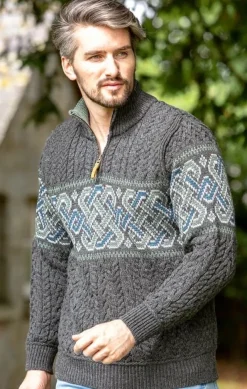 Mens Fisherman Sweaters|Mens Knitwear*Sweater Shop Aran Half Zip Sweater with Celtic Design