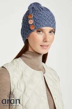 Aran Wool Hats|Ladies Hats*Sweater Shop Aran Hat with Pom Pom - Denim
