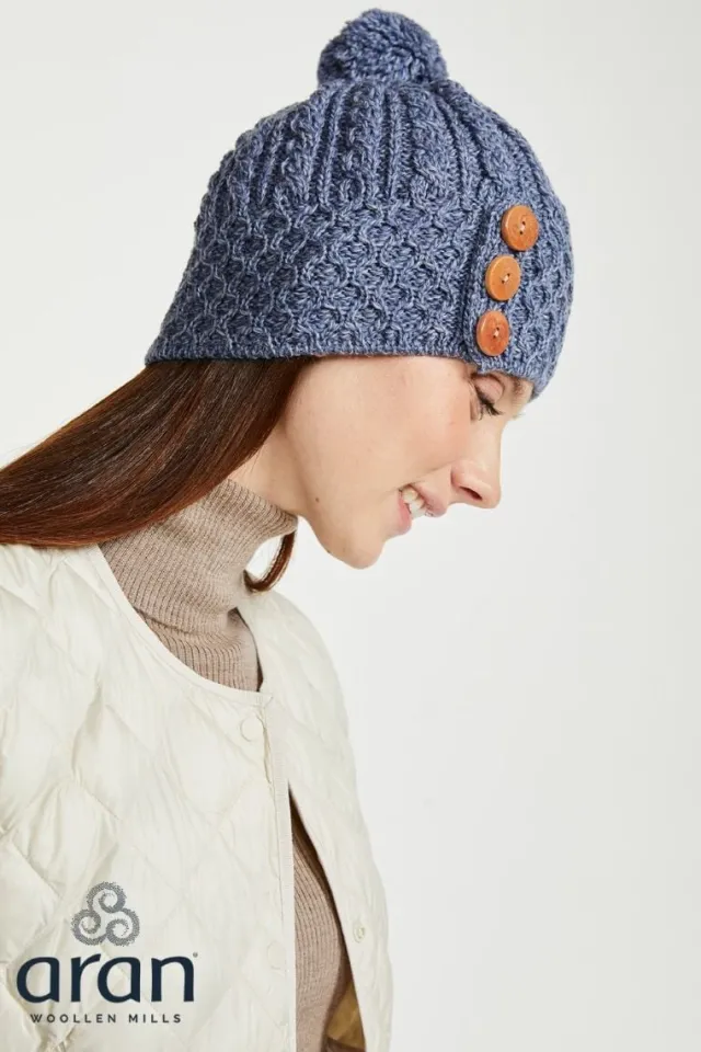 Aran Wool Hats|Ladies Hats*Sweater Shop Aran Hat with Pom Pom - Denim