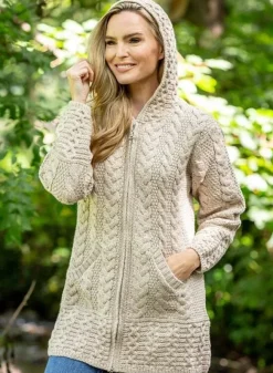 Womens Aran & Tweed Coats|Womens Irish Knitwear*Sweater Shop Aran Hooded Coat with Celtic Knot Zipper