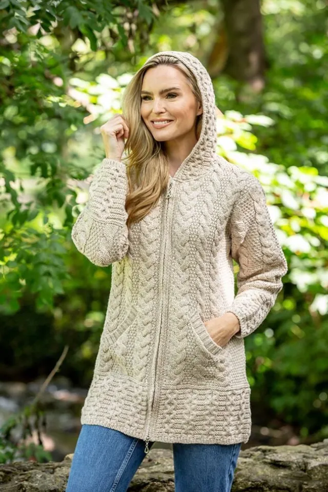 Womens Aran & Tweed Coats|Womens Irish Knitwear*Sweater Shop Aran Hooded Coat with Celtic Knot Zipper