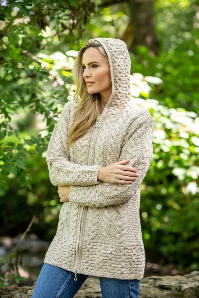 Womens Aran & Tweed Coats|Womens Irish Knitwear*Sweater Shop Aran Hooded Coat with Celtic Knot Zipper