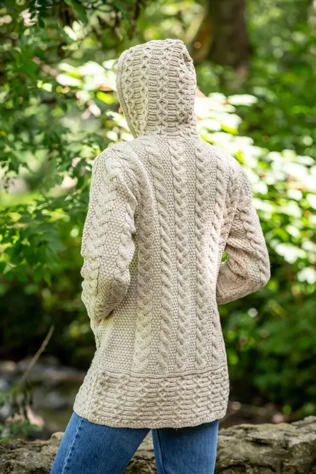 Womens Aran & Tweed Coats|Womens Irish Knitwear*Sweater Shop Aran Hooded Coat with Celtic Knot Zipper