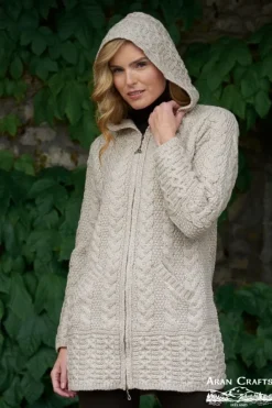 Womens Aran & Tweed Coats|Womens Irish Knitwear*Sweater Shop Aran Hooded Coat with Celtic Knot Zipper