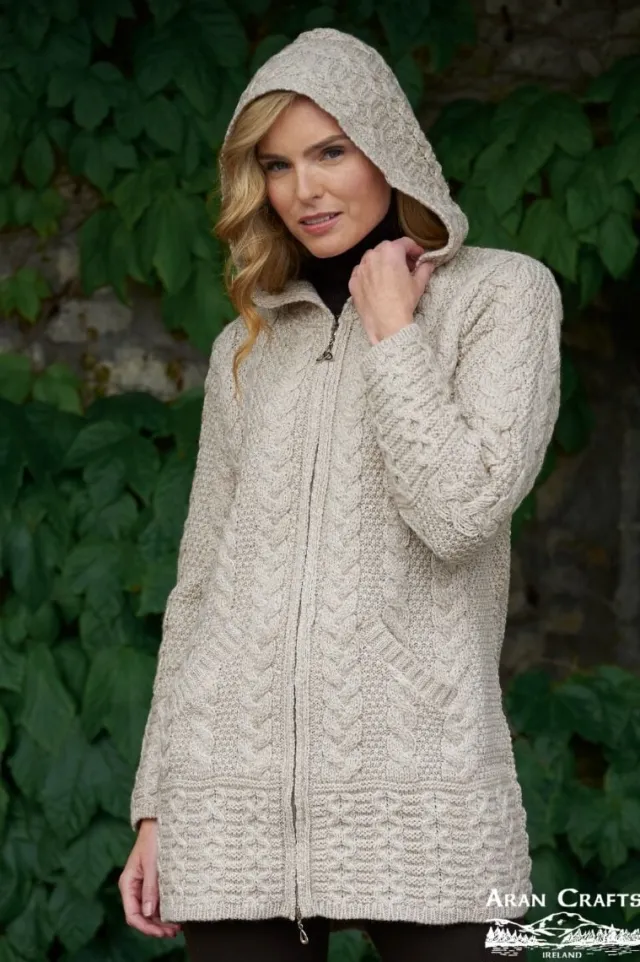 Womens Aran & Tweed Coats|Womens Irish Knitwear*Sweater Shop Aran Hooded Coat with Celtic Knot Zipper