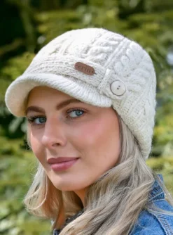 Aran Wool Hats*Sweater Shop Aran Peak Cable Hat Natural White
