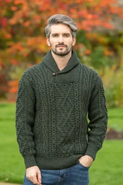 Mens Fisherman Sweaters|Mens Knitwear*Sweater Shop Aran Shawl Neck Sweater Army Green