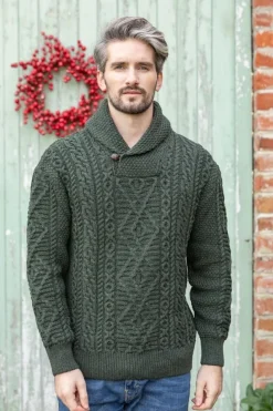 Mens Fisherman Sweaters|Mens Knitwear*Sweater Shop Aran Shawl Neck Sweater Army Green