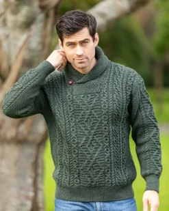 Mens Fisherman Sweaters|Mens Knitwear*Sweater Shop Aran Shawl Neck Sweater Army Green