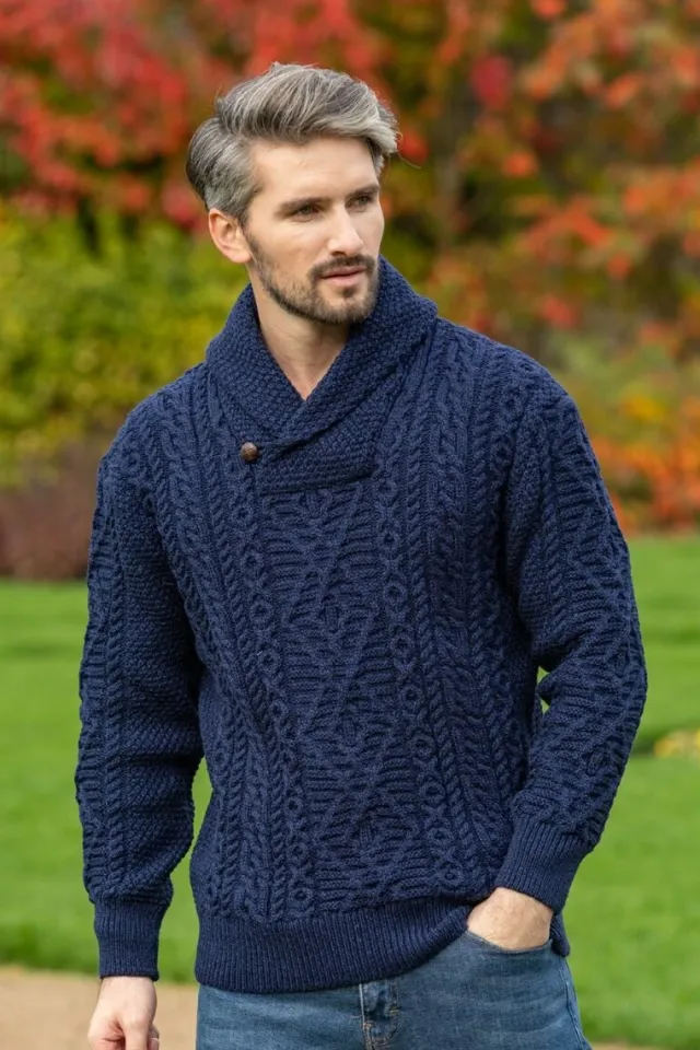 Mens Fisherman Sweaters|Mens Knitwear*Sweater Shop Aran Shawl Neck Sweater Deep Water Blue
