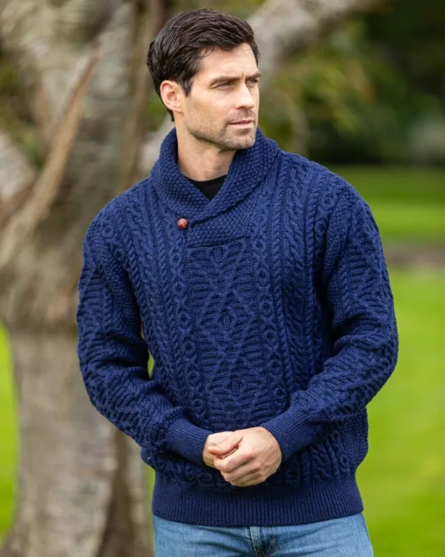 Mens Fisherman Sweaters|Mens Knitwear*Sweater Shop Aran Shawl Neck Sweater Deep Water Blue