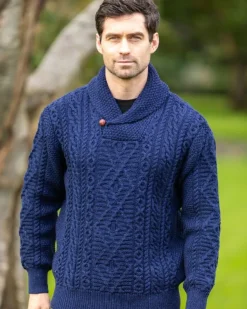 Mens Fisherman Sweaters|Mens Knitwear*Sweater Shop Aran Shawl Neck Sweater Deep Water Blue