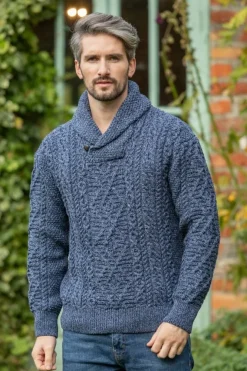 Mens Knitwear|Mens Fisherman Sweaters*Sweater Shop Aran Shawl Neck Sweater Denim