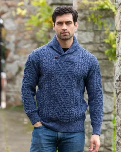 Mens Knitwear|Mens Fisherman Sweaters*Sweater Shop Aran Shawl Neck Sweater Denim