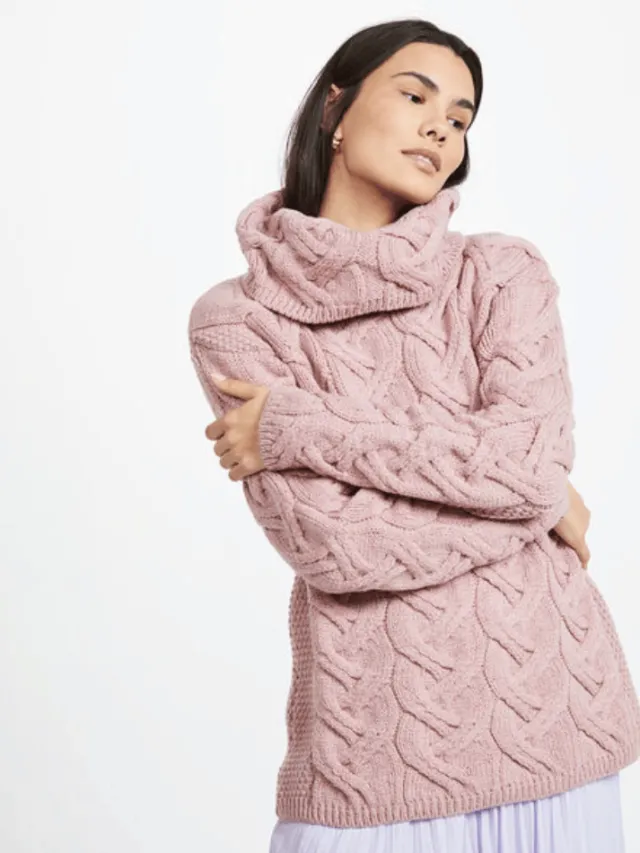 Womens Irish Knitwear|Womens Aran Fisherman Sweaters*Sweater Shop Aran Super Soft Aran Chunky Sweater Pink