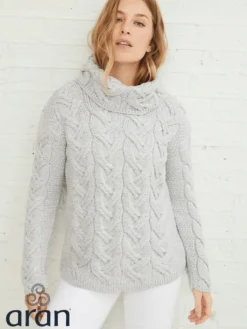 Womens Irish Knitwear|Womens Aran Fisherman Sweaters*Sweater Shop Aran Super Soft Chunky Cowl Neck Light Silver
