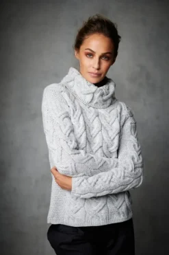 Womens Irish Knitwear|Womens Aran Fisherman Sweaters*Sweater Shop Aran Super Soft Chunky Cowl Neck Light Silver