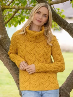Womens Irish Knitwear|Womens Aran Fisherman Sweaters*Sweater Shop Aran Super Soft Cowl Neck Sweater Sunshine