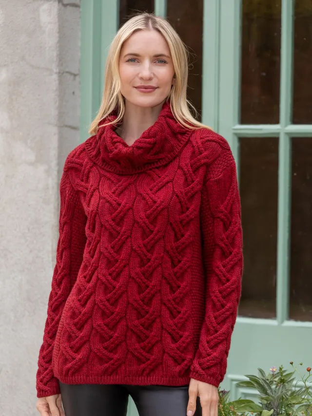 Womens Irish Knitwear|Womens Aran Fisherman Sweaters*Sweater Shop Aran Super Soft Cowl Neck Sweater Red