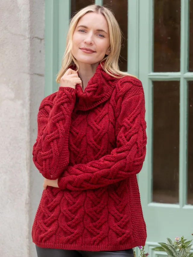 Womens Irish Knitwear|Womens Aran Fisherman Sweaters*Sweater Shop Aran Super Soft Cowl Neck Sweater Red