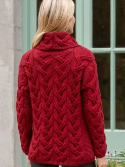 Womens Irish Knitwear|Womens Aran Fisherman Sweaters*Sweater Shop Aran Super Soft Cowl Neck Sweater Red