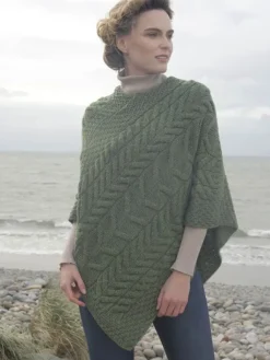 Womens Irish Knitwear|Ladies Aran Ponchos & Capes*Sweater Shop Aran Super Soft Poncho Green