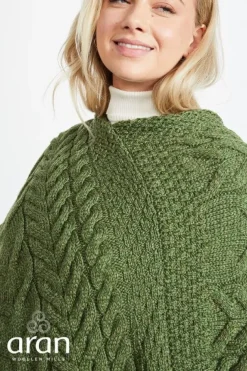 Womens Irish Knitwear|Ladies Aran Ponchos & Capes*Sweater Shop Aran Super Soft Poncho Green