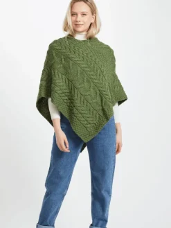 Womens Irish Knitwear|Ladies Aran Ponchos & Capes*Sweater Shop Aran Super Soft Poncho Green