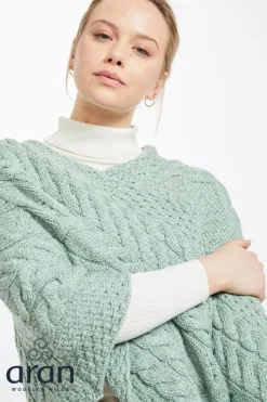 Ladies Aran Ponchos & Capes*Sweater Shop Aran Supersoft Merino Wool Poncho - Mint