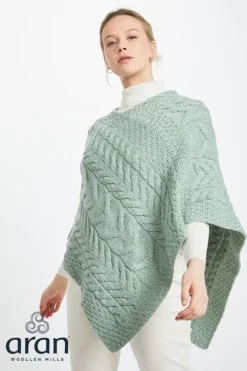 Ladies Aran Ponchos & Capes*Sweater Shop Aran Supersoft Merino Wool Poncho - Mint