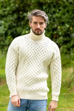 Mens Fisherman Sweaters|Mens Knitwear*Sweater Shop Aran Turtleneck Sweater Natural