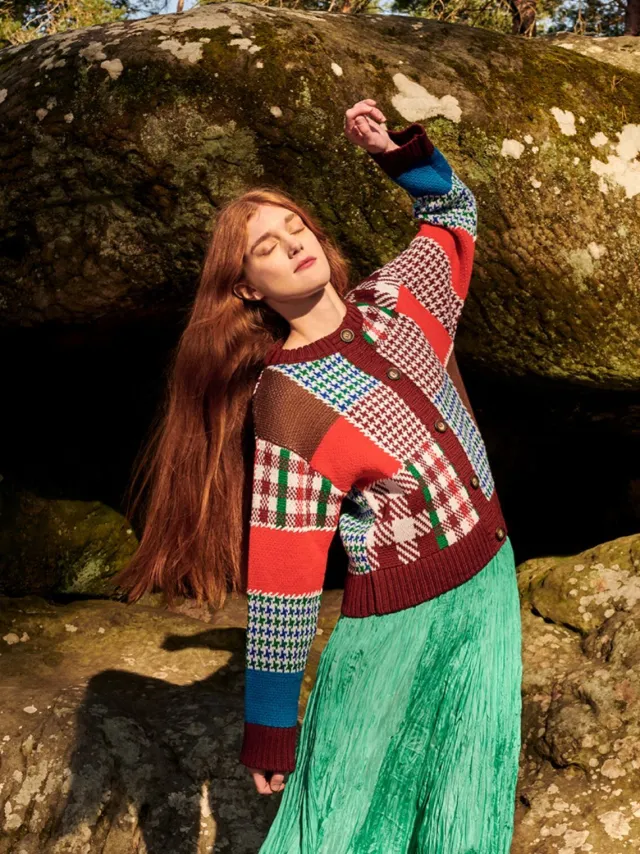 Designer Knitwear*Sweater Shop Autumn Patchwork Cardigan 100% Fine Merino Wool