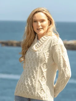 Womens Irish Knitwear|Womens Aran Fisherman Sweaters*Sweater Shop Bramble Aran Shawl Collar Sweater Natural
