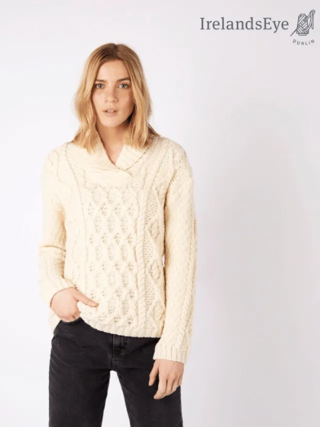 Womens Irish Knitwear|Womens Aran Fisherman Sweaters*Sweater Shop Bramble Aran Shawl Collar Sweater Natural