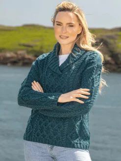 Womens Irish Knitwear|Womens Aran Fisherman Sweaters*Sweater Shop Bramble Aran Shawl Collar Sweater Atlantic