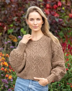 Womens Irish Knitwear|Womens Aran Fisherman Sweaters*Sweater Shop Cable Knit Cropped Crew Neck Sweater Biscuit