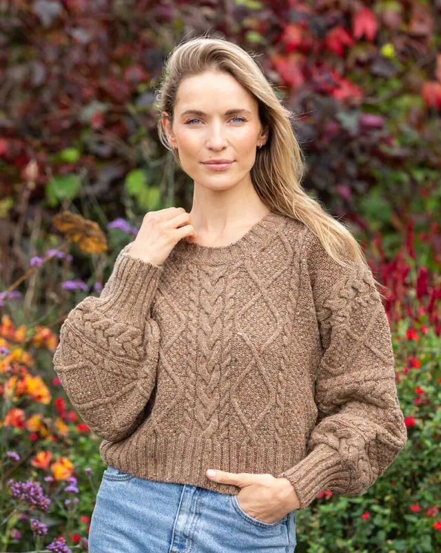 Womens Irish Knitwear|Womens Aran Fisherman Sweaters*Sweater Shop Cable Knit Cropped Crew Neck Sweater Biscuit