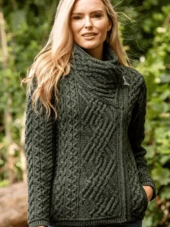 Womens Irish Knitwear|Womens Aran Fisherman Sweaters*Sweater Shop Cable Knit Side Jacket Green