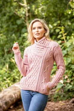 Womens Irish Knitwear|Ladies Cardigans*Sweater Shop Cable Knit Side Zip Pink