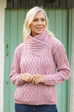 Womens Irish Knitwear|Ladies Cardigans*Sweater Shop Cable Knit Side Zip Pink