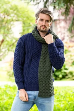 Mens Aran Scarves*Sweater Shop Cable Knit Unisex Scarf Army Green - 100% Merino Wool