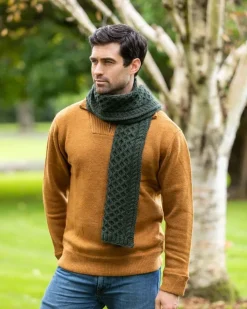 Mens Aran Scarves*Sweater Shop Cable Knit Unisex Scarf Army Green - 100% Merino Wool