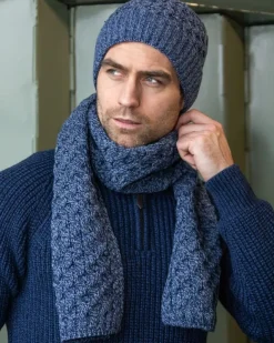 Mens Aran Scarves*Sweater Shop Cable Knit Unisex Scarf Denim Marl - 100% Merino Wool