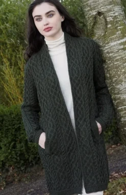 Womens Irish Knitwear|Ladies Cardigans*Sweater Shop Celtic Braid Coat Army Green