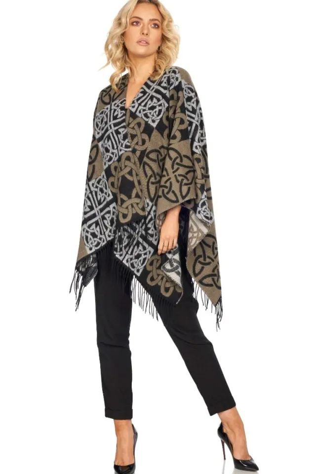 Ladies Aran Ponchos & Capes*Sweater Shop Celtic Design Shawl Black Mix