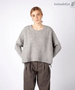 Womens Irish Knitwear|Womens Aran Fisherman Sweaters*Sweater Shop Cropped Aran Sweater Pearl Grey